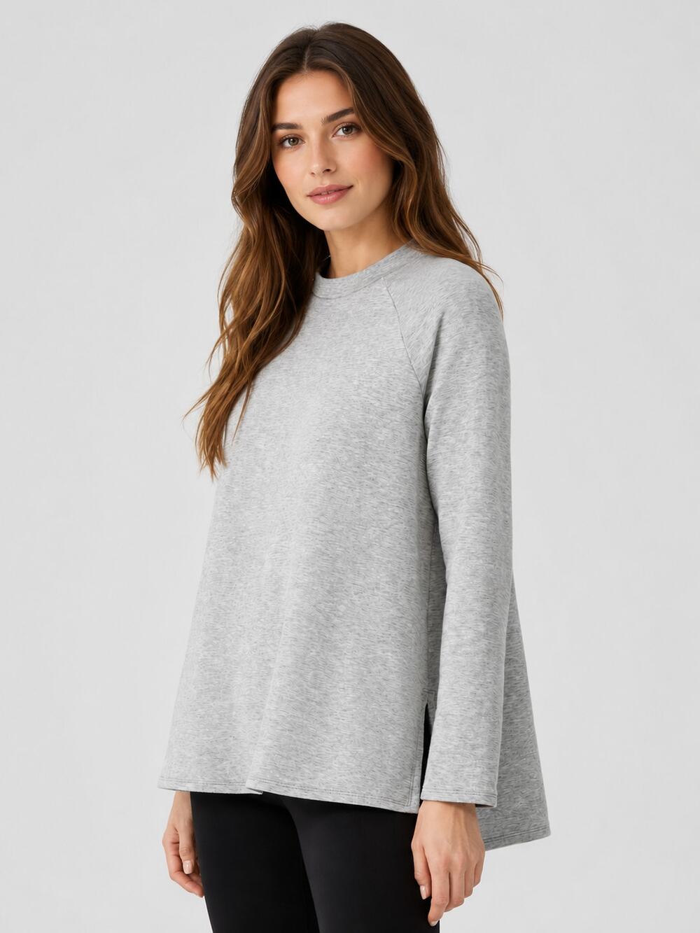 Eileen Fisher Raglan Sleeve Top Womens L Gray Cozy Brushed Terry Hug Step Hem